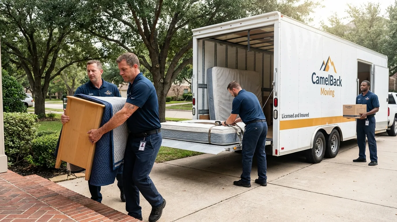 Crew loading residential truck for cross-state move from Alma, MI