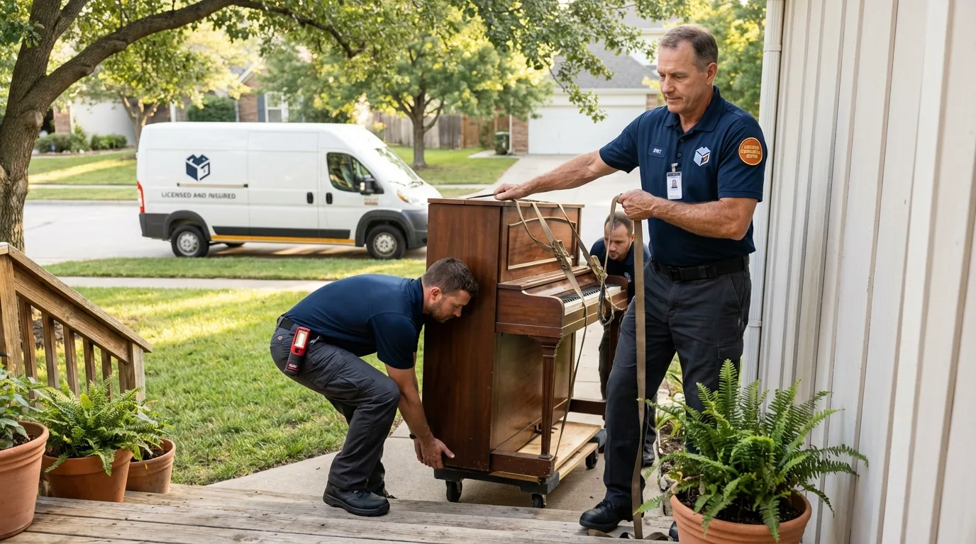 Licensed piano movers securing grand piano in Alma, MI