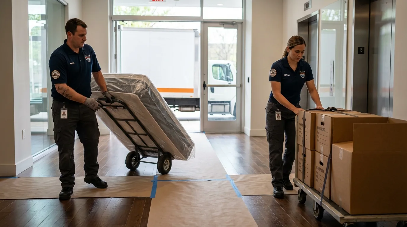 Professional apartment movers loading elevator in Alma, MI